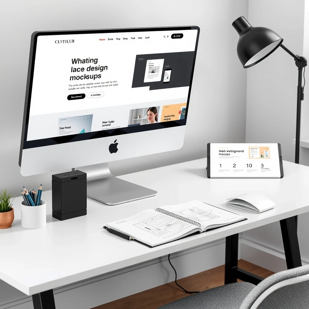 Minimalist web design workspace with clean computer screens and design tools