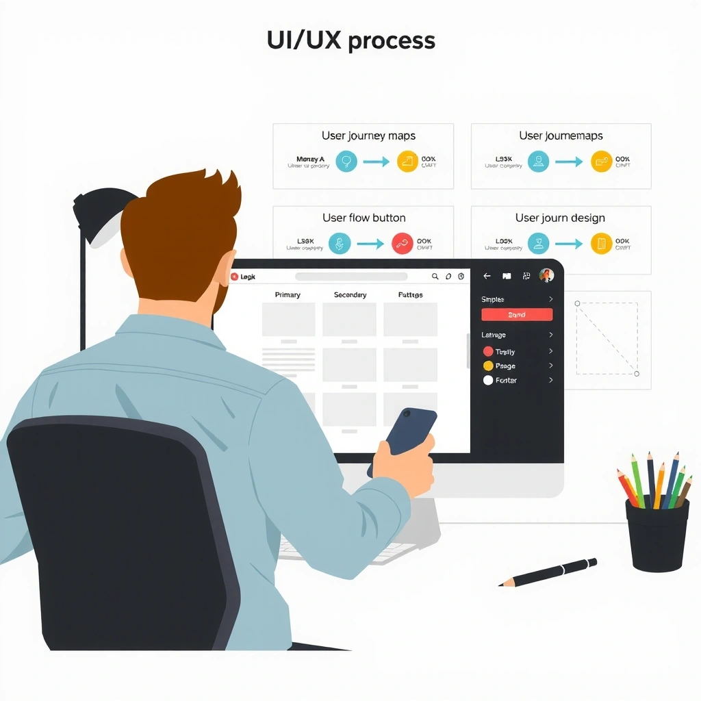 UI/UX design process showing user journey mapping and interface wireframes